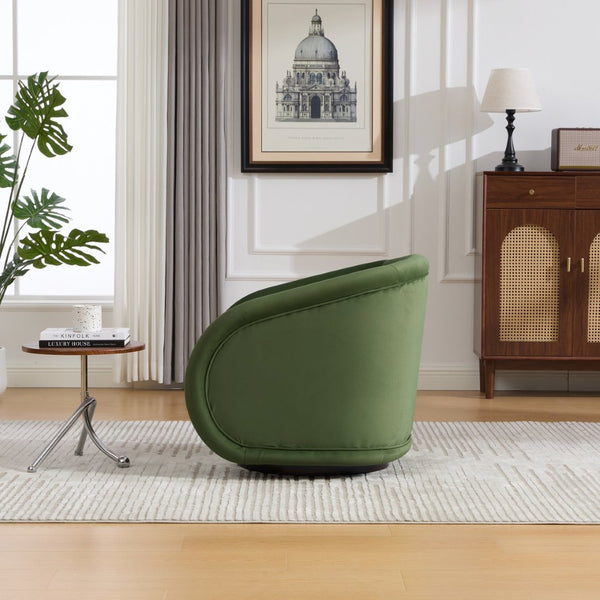 English Elm Swivel Barrel Chair Pumpkin Sculptural Velvet Upholstered with Walnut Wood Round Base Green W3244P427740
