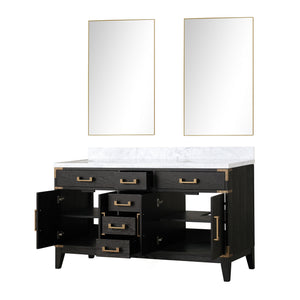 English Elm Black Oak Double Bath Vanity 60" W x 22" D with Polished Carrara Marble Top, Soft-Close Drawers & Mirrors B2731S02149