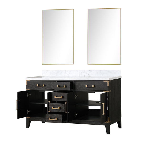 English Elm Black Oak Double Bath Vanity 60" W x 22" D with Polished Carrara Marble Top, Soft-Close Drawers & Mirrors B2731S02149