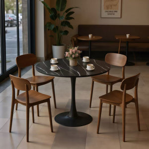 English Elm (Black Marble Color) Modern Round Dining Table – 24" MDF Top with Steel Tulip Base, Sturdy Minimalist Design W2641P362140