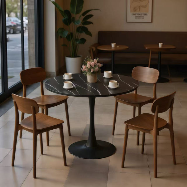 English Elm (Black Marble Color) Modern Round Dining Table – 24" MDF Top with Steel Tulip Base, Sturdy Minimalist Design W2641P362140