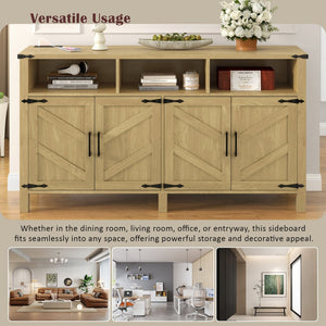 English Elm U_style 59 Inch Sideboard Buffet with Built in Power Outlets Open Cubbies Metal Accents Natural Wood N711P347407O