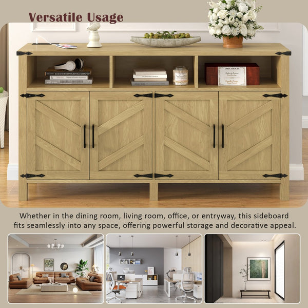 English Elm U_style 59 Inch Sideboard Buffet with Built in Power Outlets Open Cubbies Metal Accents Natural Wood N711P347407O