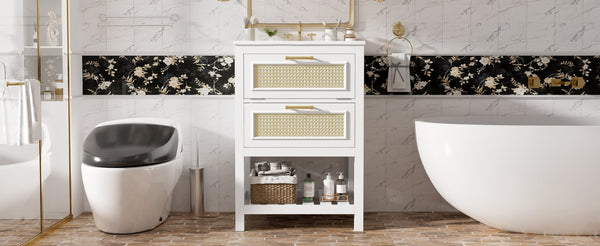 English Elm 24" Rattan Front Bathroom Vanity with Ceramic Sink Deep Drawer Storage Mdf Cabinet White N710P293990K