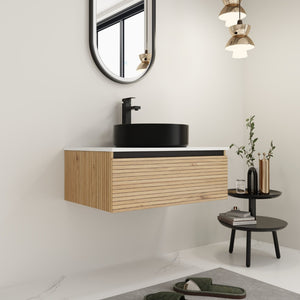 English Elm 30'' Floating Wall Mounted Vanity Hand Painted Ceramic Vessel Sink Soft Close Drawer W999S00360