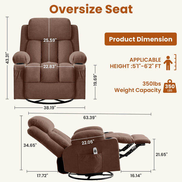 English Elm Swivel Rocker Recliner with Massage Heat and Usb Port for Living Room Comfort W1521P461085