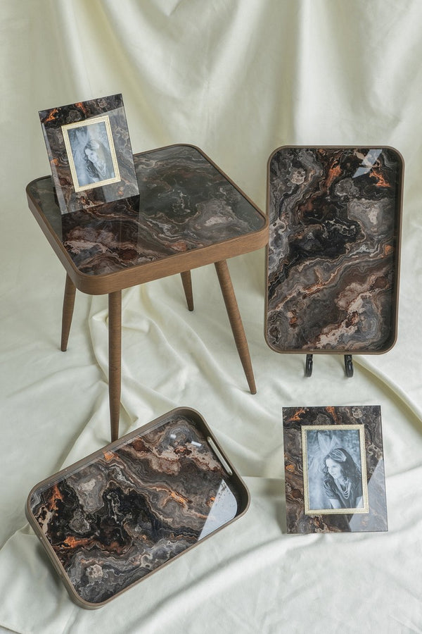English Elm 17.3x17.3x18" Elegant Square Accent Table with Glass Top, Faux Marble Surface & Antique Gold Legs W2078P406644