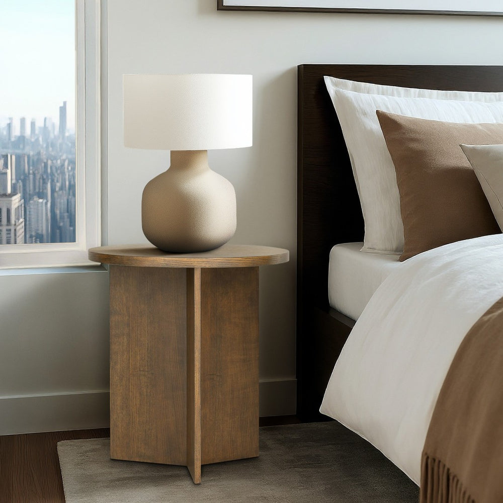 English Elm Accent Table Round Starburst Veneer Top Greige Finish Compact Living Room Bedside Walnut Brown B035P408401