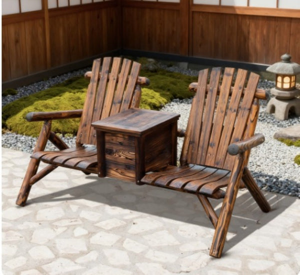 English Elm Double Adirondack Firwood Loveseat with Built-in Ice Bucket and Center Table for Two T3971S00002