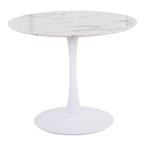 English Elm Pebble Round Modern Dining Table with White Marble Veneer Top and White Metal Pedestal Base B202S01130