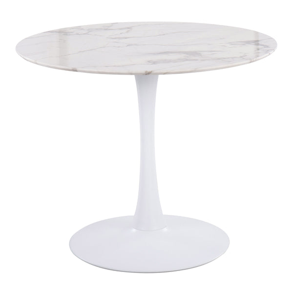 English Elm Pebble Round Modern Dining Table with White Marble Veneer Top and White Metal Pedestal Base B202S01130