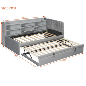 English Elm Twin Upholstered Daybed with Pull-Up Trundle, Velvet High Back with Shelves, Flip Storage & USB Gray SF000194AAE