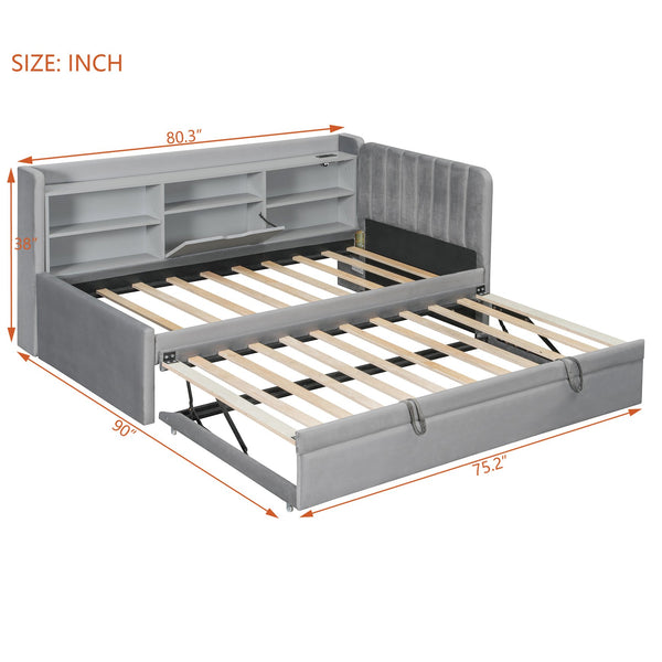 English Elm Twin Upholstered Daybed with Pull-Up Trundle, Velvet High Back with Shelves, Flip Storage & USB Gray SF000194AAE