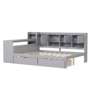 English Elm Full Size L-shaped Daybed with Built-in Desk Bookshelf and Storage for Small Spaces N733S351674E