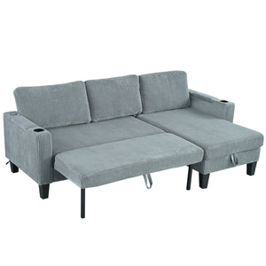 English Elm Reversible Sectional Sofa with Storage Chaise, USB Ports, Cup Holders, Corduroy Sleeper Sofa for Home Comfort Gray W680S00034