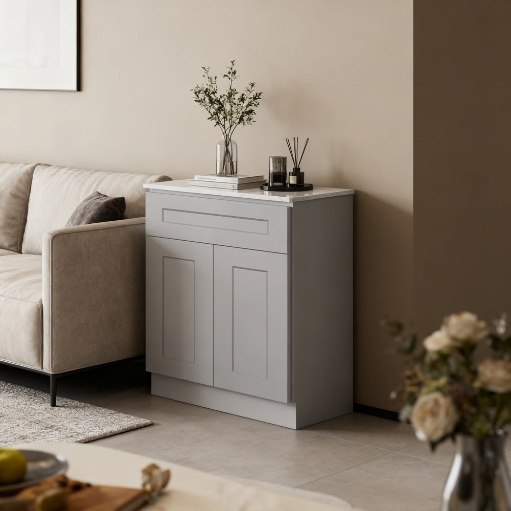 English Elm Light Gray Shaker Base Cabinet With Soft-Close Hinges, Adjustable Shelves For Kitchen & Laundry Storage T2950P383086