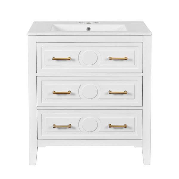 English Elm 30'' Bathroom Vanity with Ceramic Sink, Solid Wood Frame Retro Style Vanity with 3 Drawers & Gold Handles White N710P246209K