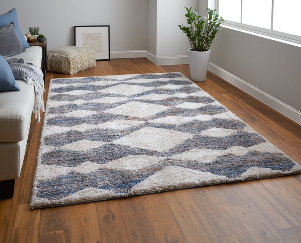 Feizy Rugs Mynka High-pile Geometric Area Rug - Pet-friendly, Stain Resistant, Stylish For High Traffic Spaces Tan,Ivory,Blue Polyester Myn39iffgrymltp00