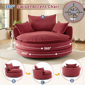 English Elm 360° Oversized Swivel Lounge Chair with 38" Deep Seat Dual-Layer Cushion Corduroy Accent Pillows Red N719S002100J