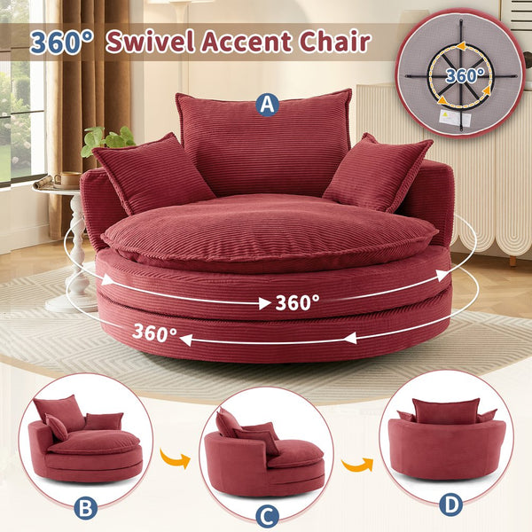 English Elm 360° Oversized Swivel Lounge Chair with 38" Deep Seat Dual-Layer Cushion Corduroy Accent Pillows Red N719S002100J