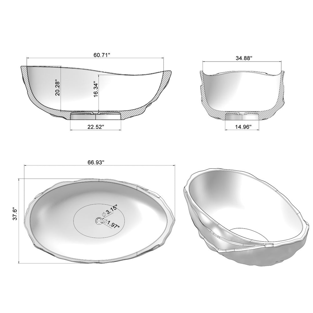 English Elm 67 Inch Oval Freestanding Soaking Tub Acrylic Resin Gloss Finish Spa Bathroom W3034P280355
