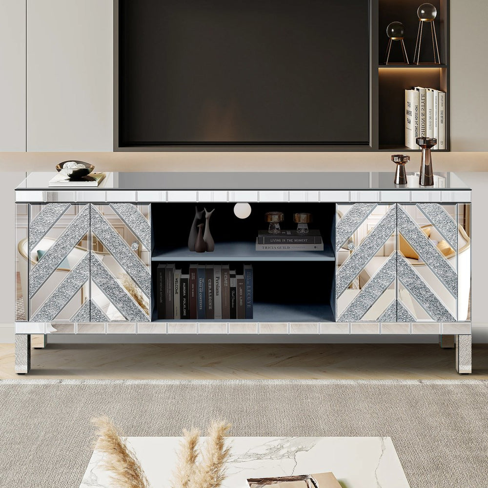 English Elm Mirrored Tv Stand For 65+ Inch Tvs - Glamorous Silver Console With Open Shelves & Stylish Cabinets W1445P204028