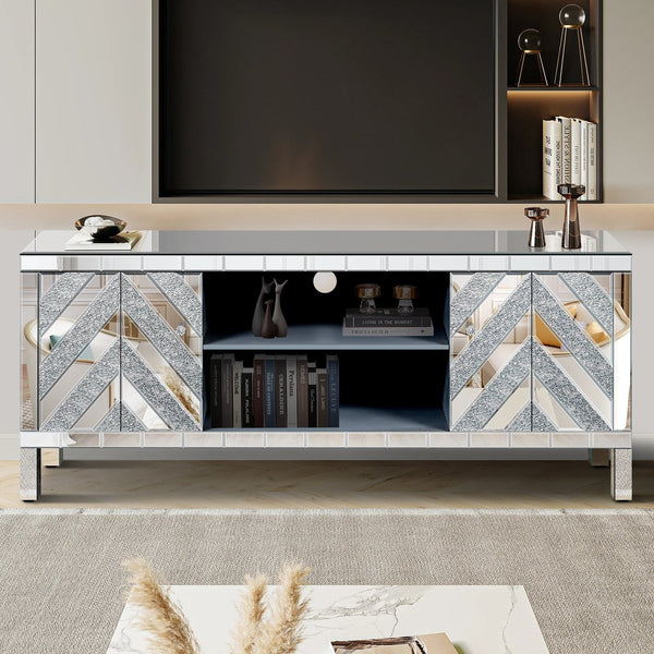 English Elm Mirrored Tv Stand For 65+ Inch Tvs - Glamorous Silver Console With Open Shelves & Stylish Cabinets W1445P204028