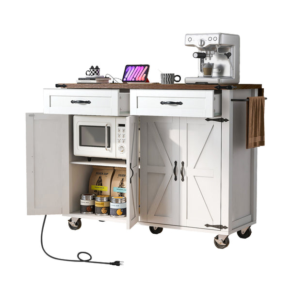 English Elm K&K Farmhouse Kitchen Island Cart 53.5" with Drop Leaf, Built-In Power Station, Ample Storage & Wheels White N707P170348W