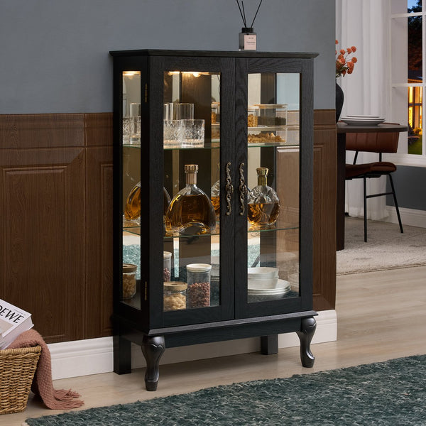 English Elm Curio Cabinet with Lighted Tempered Glass, Mirrored Back, Adjustable Shelves, Vintage Handle — Black W2275P389705
