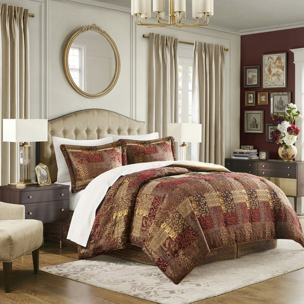 English Elm 4 Piece Brown Comforter Set - Elegant Jacquard Patchwork Design For Cozy Queen Bedroom Decor B035128749