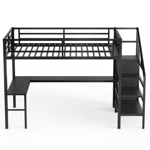 English Elm Twin Xl Metal Loft Bed with Stair Storage Shelves Sturdy Steel Frame for Dorms W1580S00063