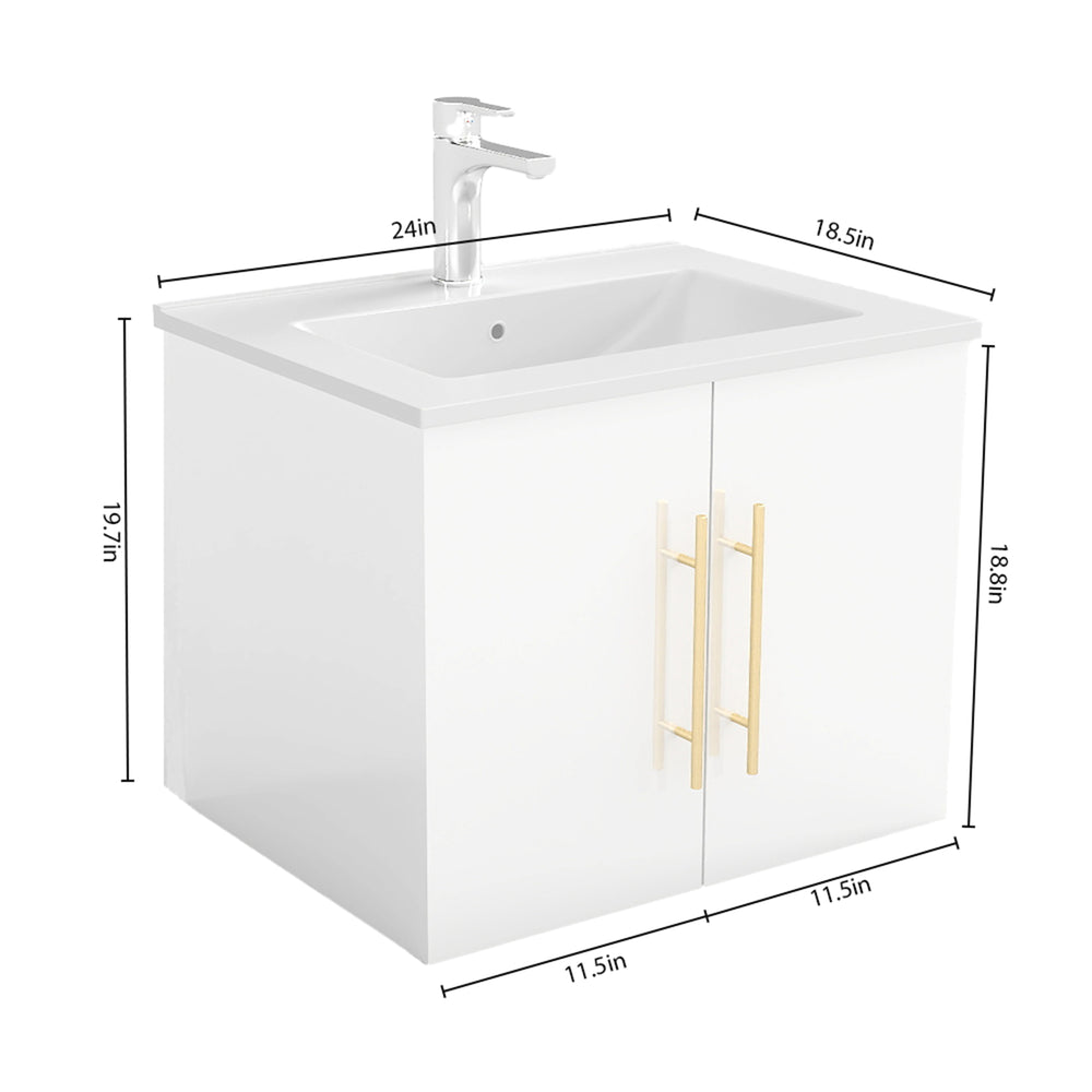 English Elm 24-Inch Wall-Mounted Bathroom Vanity With Ceramic Sink, Soft-Close Doors, Stylish Gold Handles & Storage W3151S00032
