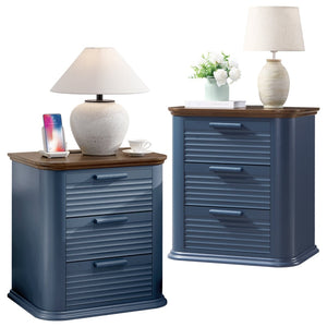 English Elm 22" Fluted Wood Nightstand with Built-in Charging Station Three Drawer Bedside Storage Navy Blue T5326P431149