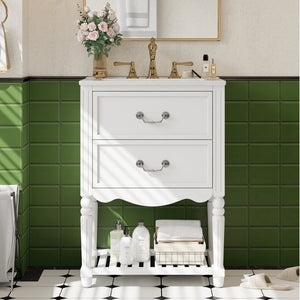 English Elm 24'' Vintage Bathroom Vanity with Ceramic Sink Soft Close Drawers Open Shelf White N710P411237K