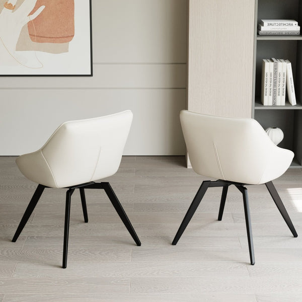 English Elm A Set of 2 Mid-century Pu Leather Dining Chairs with Ergonomic Back and Metal Legs Beige+Black W2189P197386