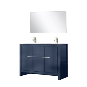 English Elm Navy Blue Double Bath Vanity 48" W With White Quartz Top, Brushed Nickel Faucet & Full Mirror B2731S01702