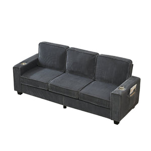 English Elm 84.25-inch Corduroy Three Seater Sofa with Cup Holders Modern Minimalist Living Room Couch Gray W288P399979