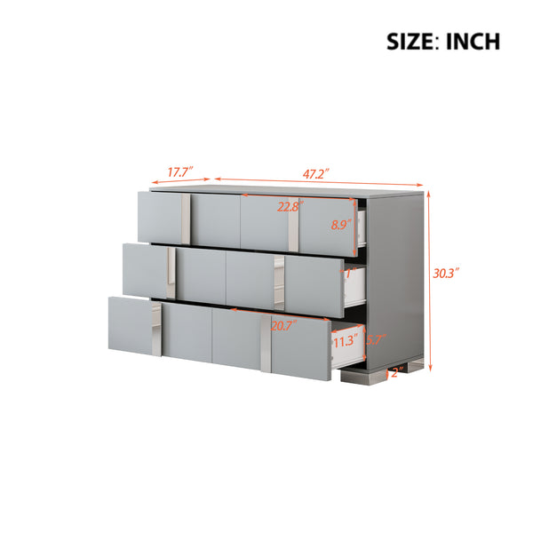 English Elm Elegant Mirrored Dresser with Metal Feet and 6 Spacious Drawers for Organized, Modern Living Spaces Gray 54.25 L x 20.75 W x 8.5 H N733P307943G