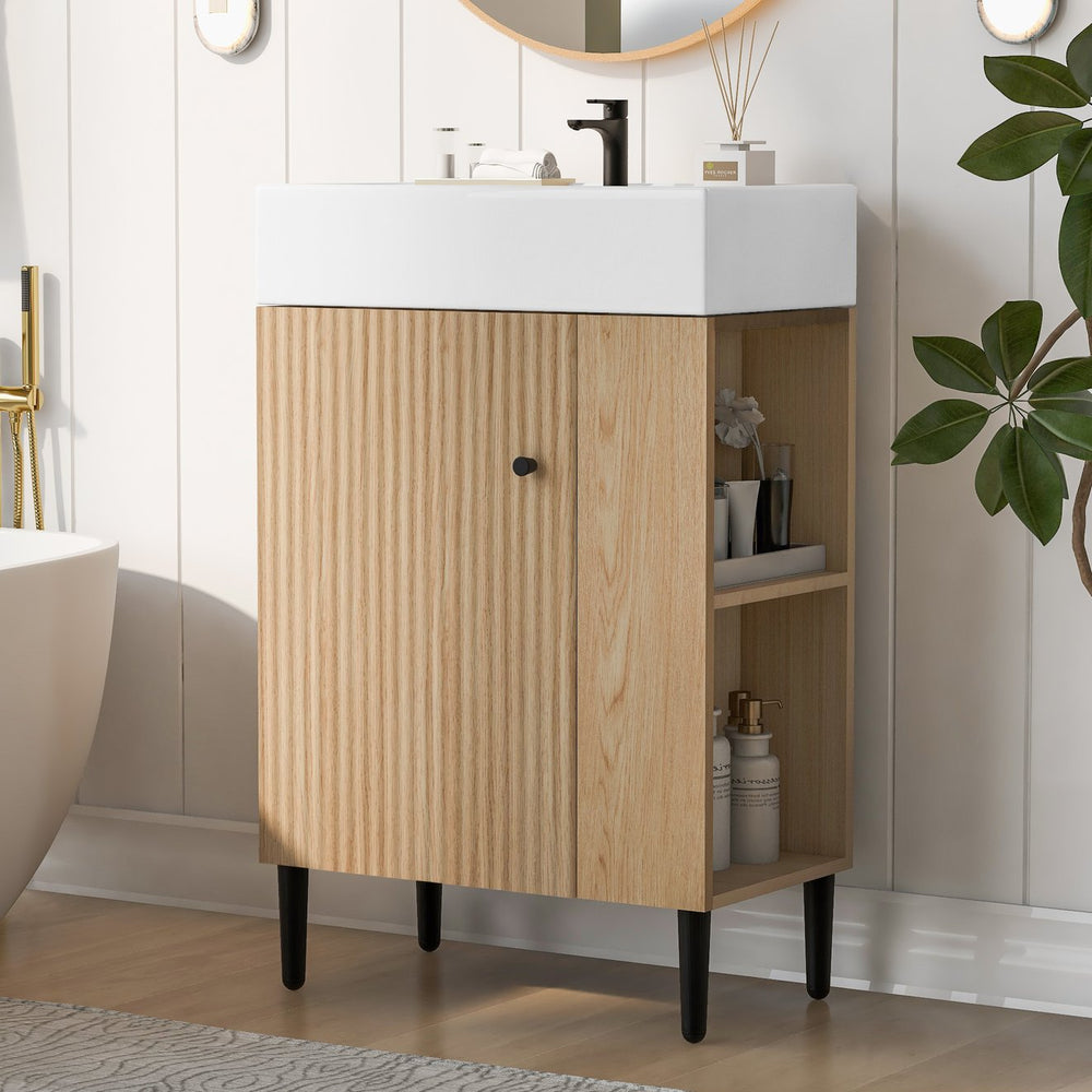 English Elm 21.6" Wood Bathroom Vanity with Ceramic Sink, Right Side Storage, Gold Legs, Soft-Close Doors, Modern SV000006AAD