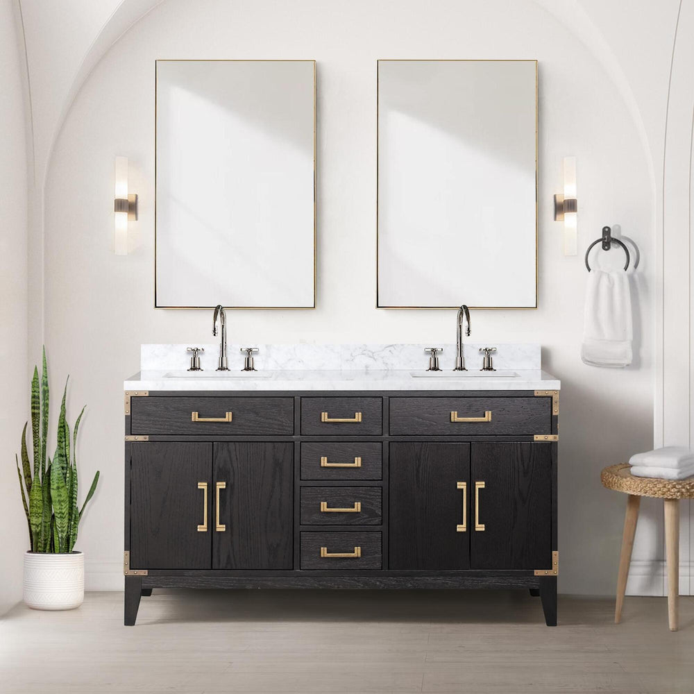 English Elm Black Oak Double Bath Vanity 60" W x 22" D with Polished Carrara Marble Top, Soft-Close Drawers & Mirrors B2731S02149