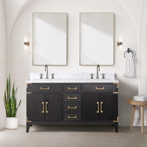 English Elm Black Oak Double Bath Vanity 60" W x 22" D with Polished Carrara Marble Top, Soft-Close Drawers & Mirrors B2731S02149