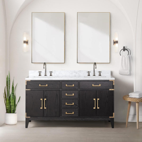 English Elm Black Oak Double Bath Vanity 60" W x 22" D with Polished Carrara Marble Top, Soft-Close Drawers & Mirrors B2731S02149