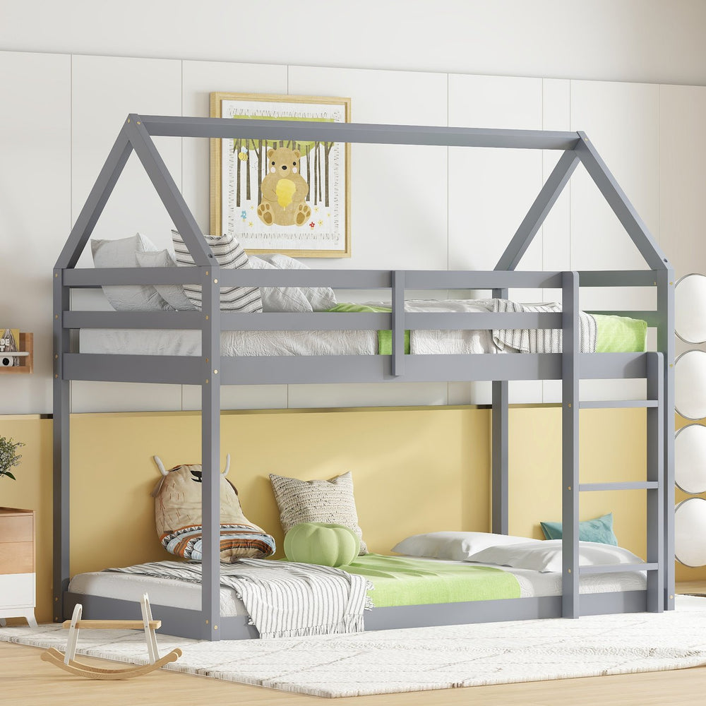 English Elm Twin Rubber Wood Floor Bunk Bed House-Shaped Design with Ladder Guardrails Sturdy Low-Profile Retreat Grey W504P206863