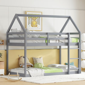 English Elm Twin Rubber Wood Floor Bunk Bed House-Shaped Design with Ladder Guardrails Sturdy Low-Profile Retreat Grey W504P206863