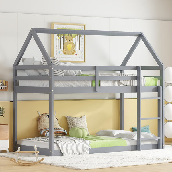English Elm Twin Rubber Wood Floor Bunk Bed House-Shaped Design with Ladder Guardrails Sturdy Low-Profile Retreat Grey W504P206863