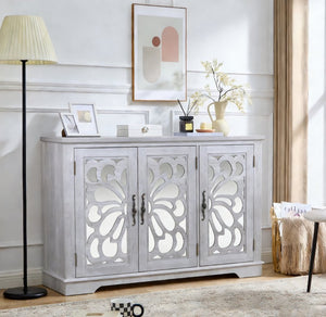 English Elm 49.33" Mirrored Lattice Buffet Cabinet with Adjustable Shelves Vintage Wood Grain Sideboard Light Gray W2899P372742