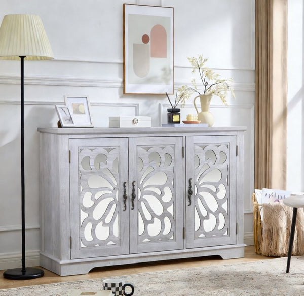 English Elm 49.33" Mirrored Lattice Buffet Cabinet with Adjustable Shelves Vintage Wood Grain Sideboard Light Gray W2899P372742