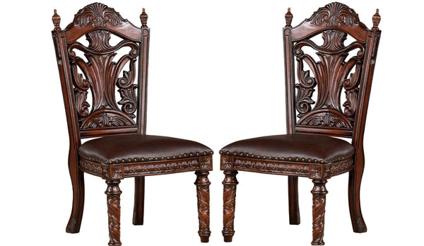 English Elm Traditional Side Chairs Set Of 2 - Brown Cherry Leatherette Seats With Carved Wood Details, Elegant Dining B011P234703-GIGA