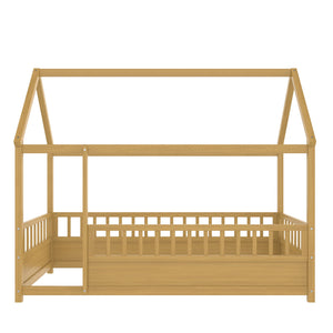 English Elm Twin House Frame Floor Bed with 20" High Fence, Solid Pine Roof, Sturdy 48x48mm Frame for Safety and Fun W1858P310084