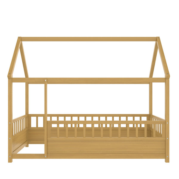 English Elm Twin House Frame Floor Bed with 20" High Fence, Solid Pine Roof, Sturdy 48x48mm Frame for Safety and Fun W1858P310084